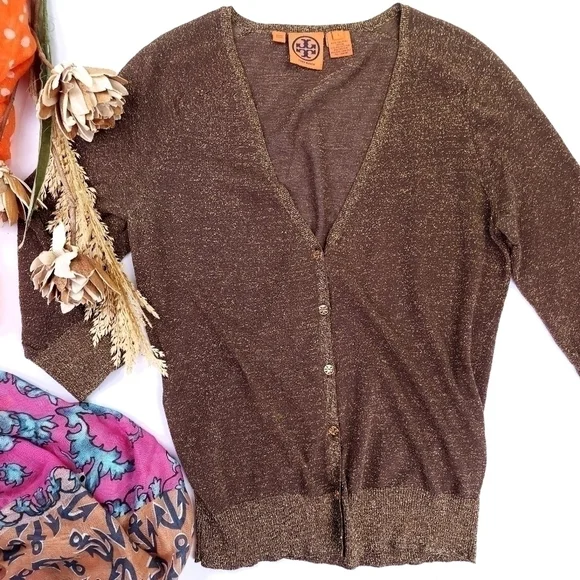 Tory Burch Brown Gold Shimmer Thin Sweater Sz S - Picture 12 of 13